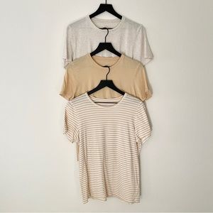 Everlane 3 Piece Tshirt Lot Crew Neck Tees in Striped, Cashew and Heathered Oat